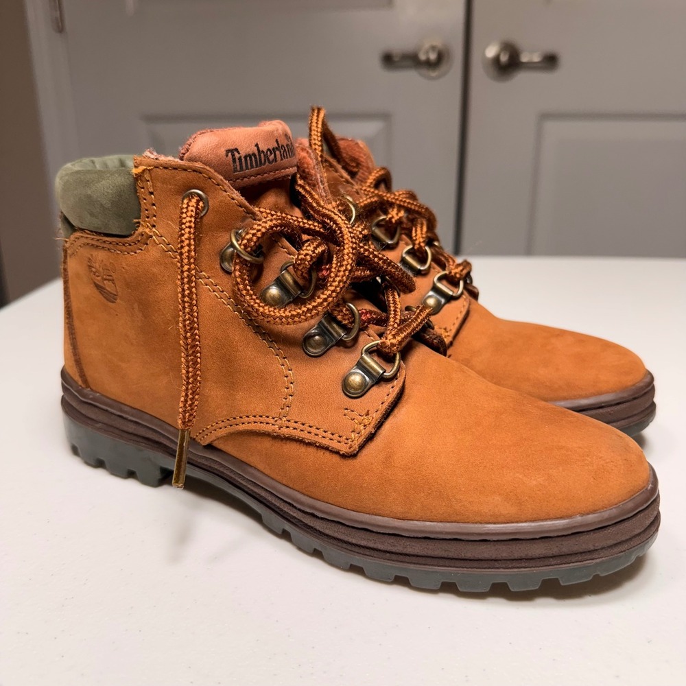 Timberland Kids Perth Fudge Wheat Leather Ankle Boots Green Collar Size 13 Est